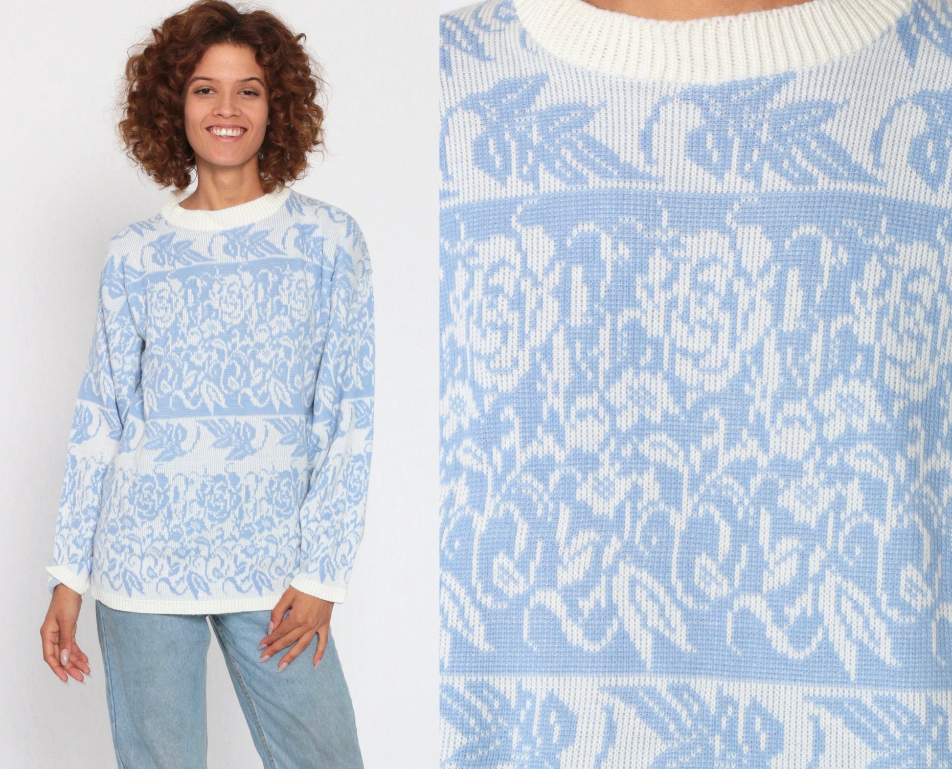 90s Blue Floral Knit Sweater Pullover White Graphic Print Small