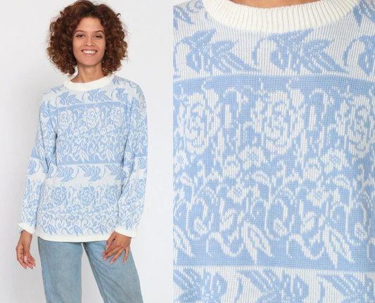 90s Blue Floral Knit Sweater Pullover White Graphic Print Small