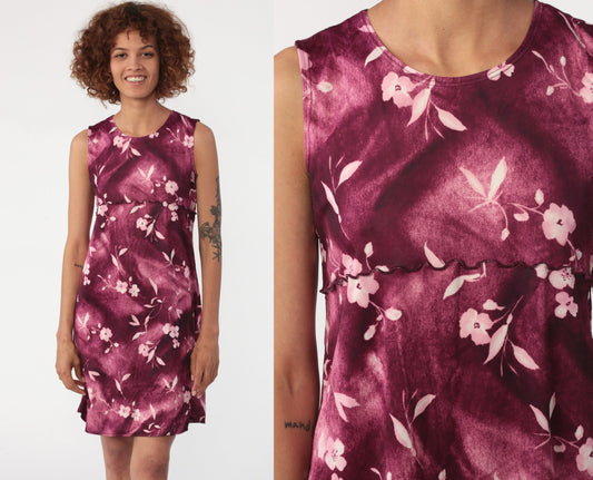 90s Floral Mini Dress Purple White Lettuce Edge Sleeveless Sheath Small