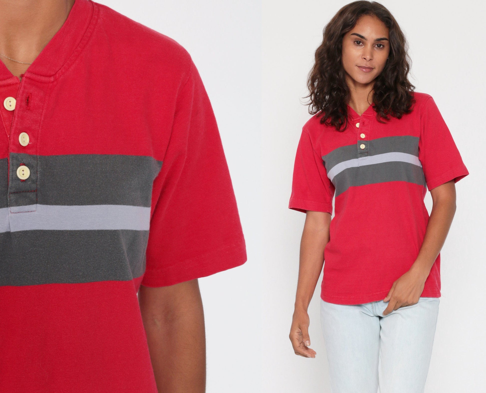 1970s Red Striped Polo Shirt Grey Color Block Half Button Cotton Small