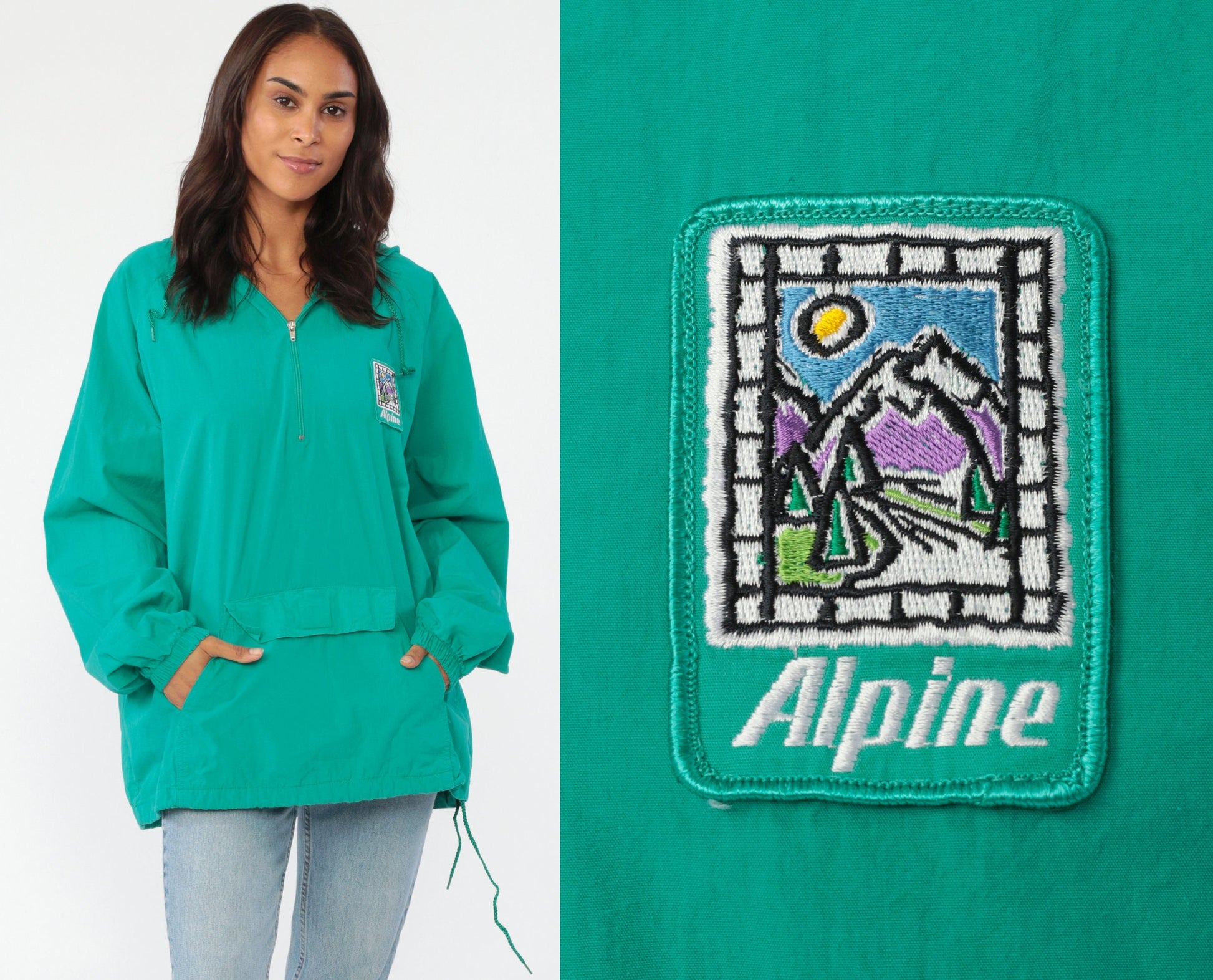 90s Alpine Mountain Hooded Windbreaker Jacket Green Cotton Pullover Large