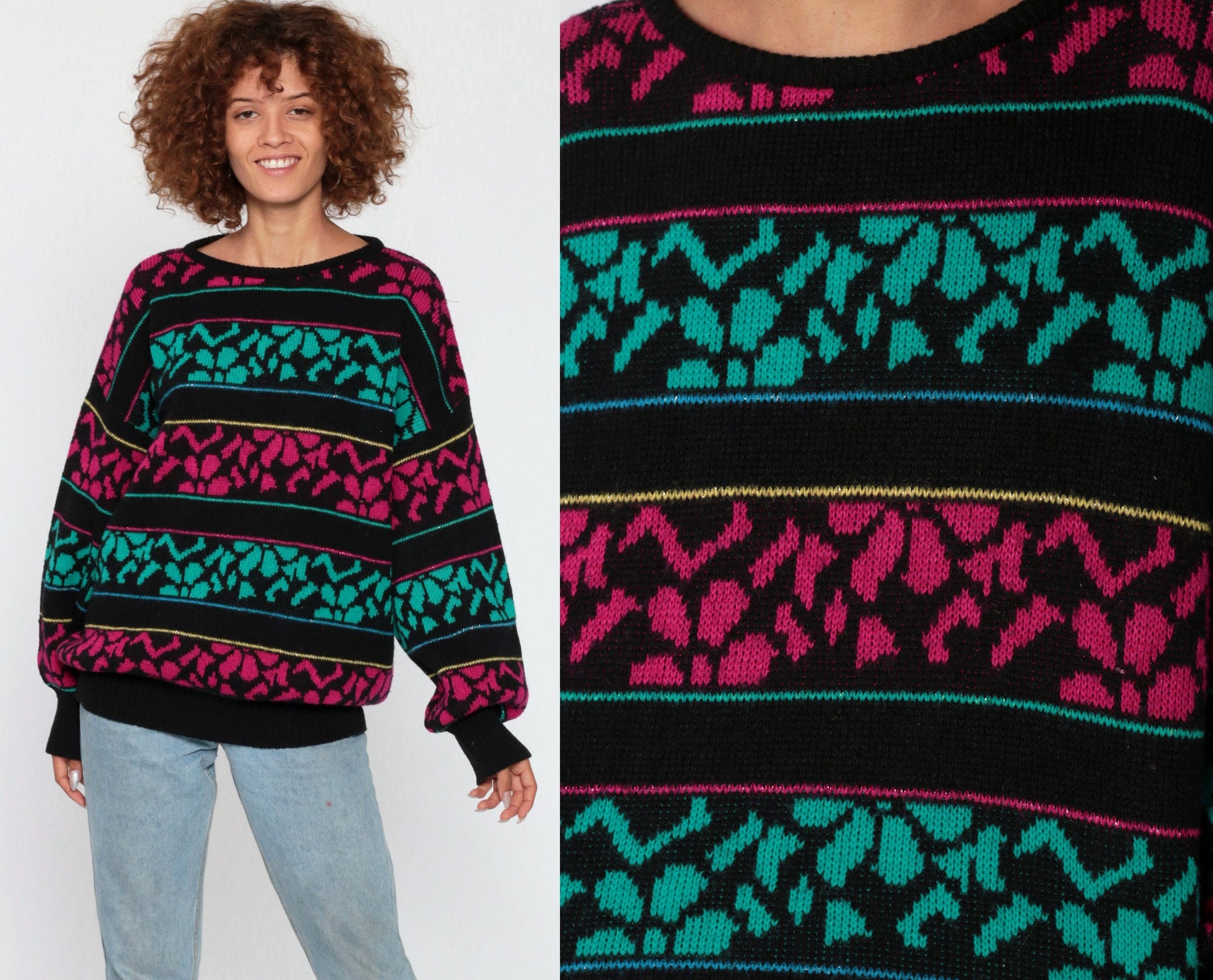 90s Metallic Floral Sweater Black Wool Acrylic Knit Pullover Large