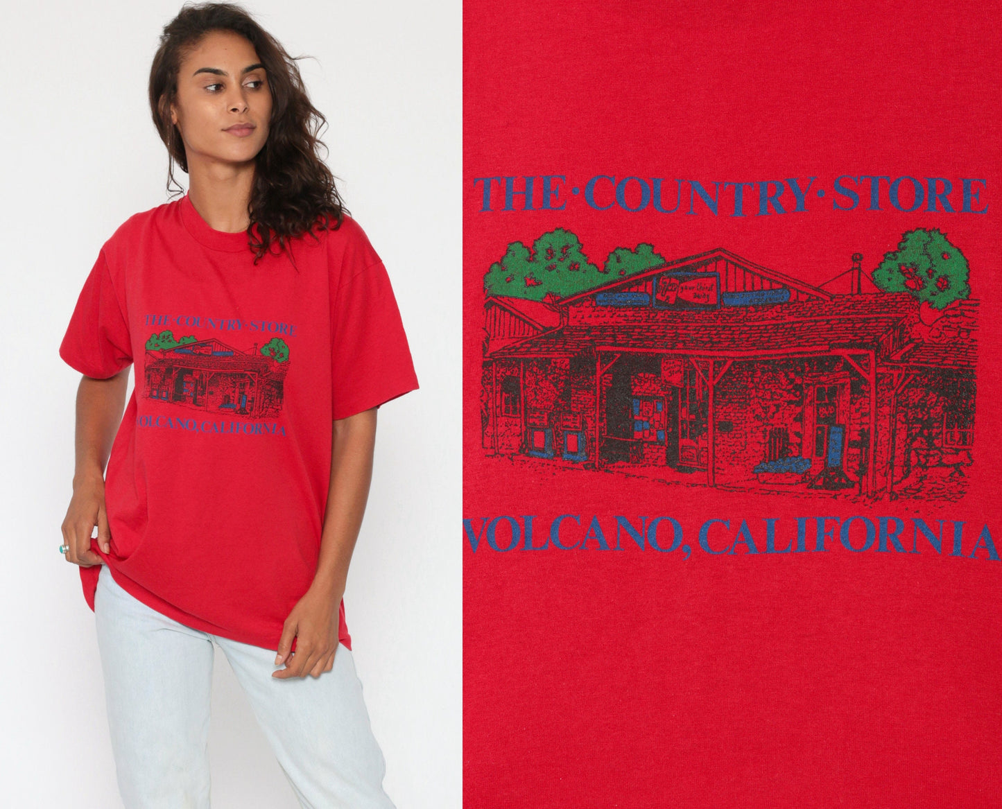 80s Volcano California Country Store Graphic Tee Screen Stars Red Medium