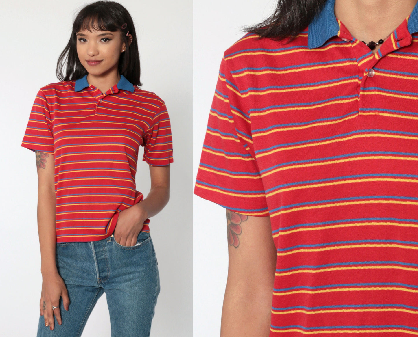 80s Sasson Polo Shirt Red Striped Half-Button Cotton Small