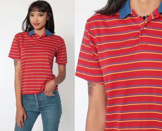 80s Sasson Polo Shirt Red Striped Half-Button Cotton Small