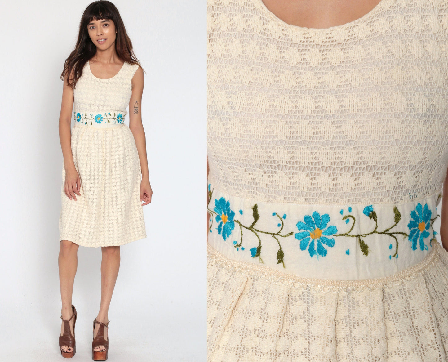 Vintage Mexican Crochet Lace Mini Dress Cream Cotton Floral Embroidered Extra Small