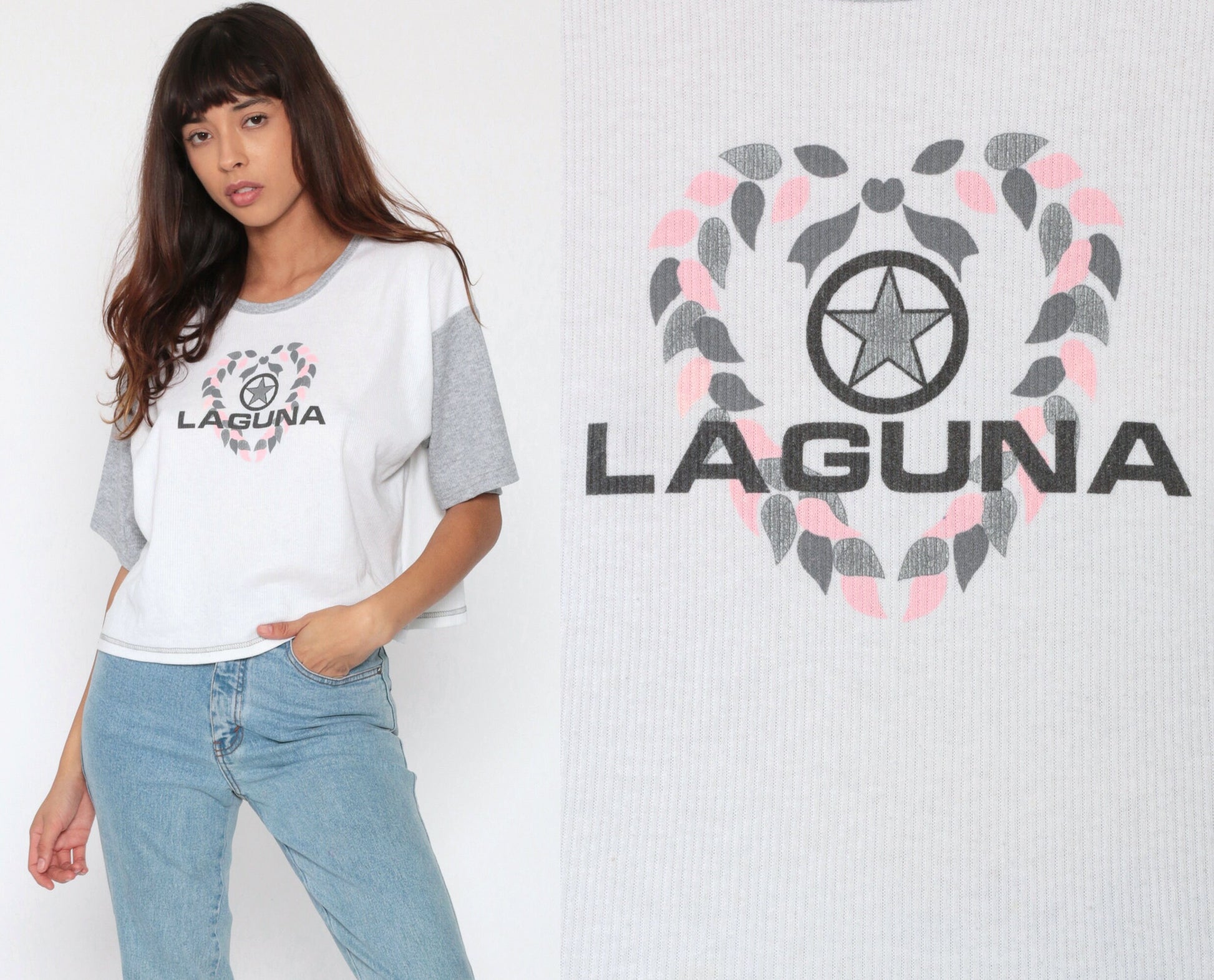 80s Laguna Colour Block Crop Top Grey White T-Shirt Medium