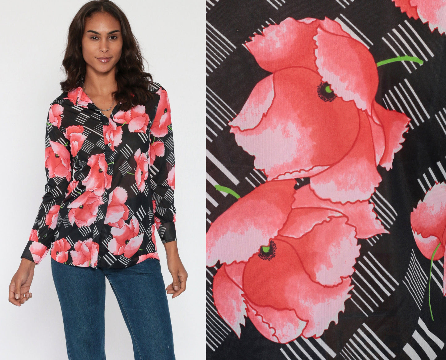 70s Jantzen Sheer Floral Poppy Blouse Black Pink Button Up Long Sleeve Small