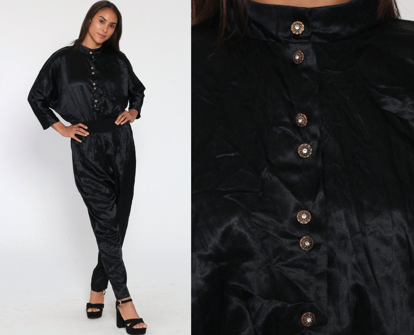 80s Black Satin Jumpsuit Dolman Sleeve Button-Up Tapered Small Medium