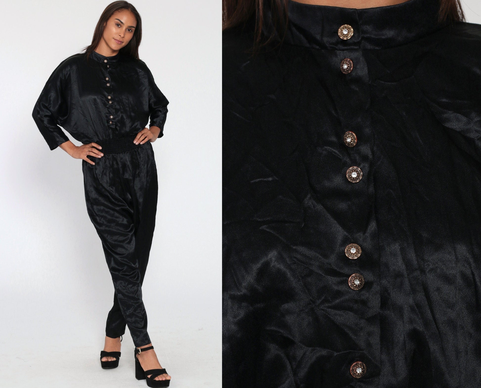 80s Black Satin Jumpsuit Dolman Sleeve Button-Up Tapered Small Medium