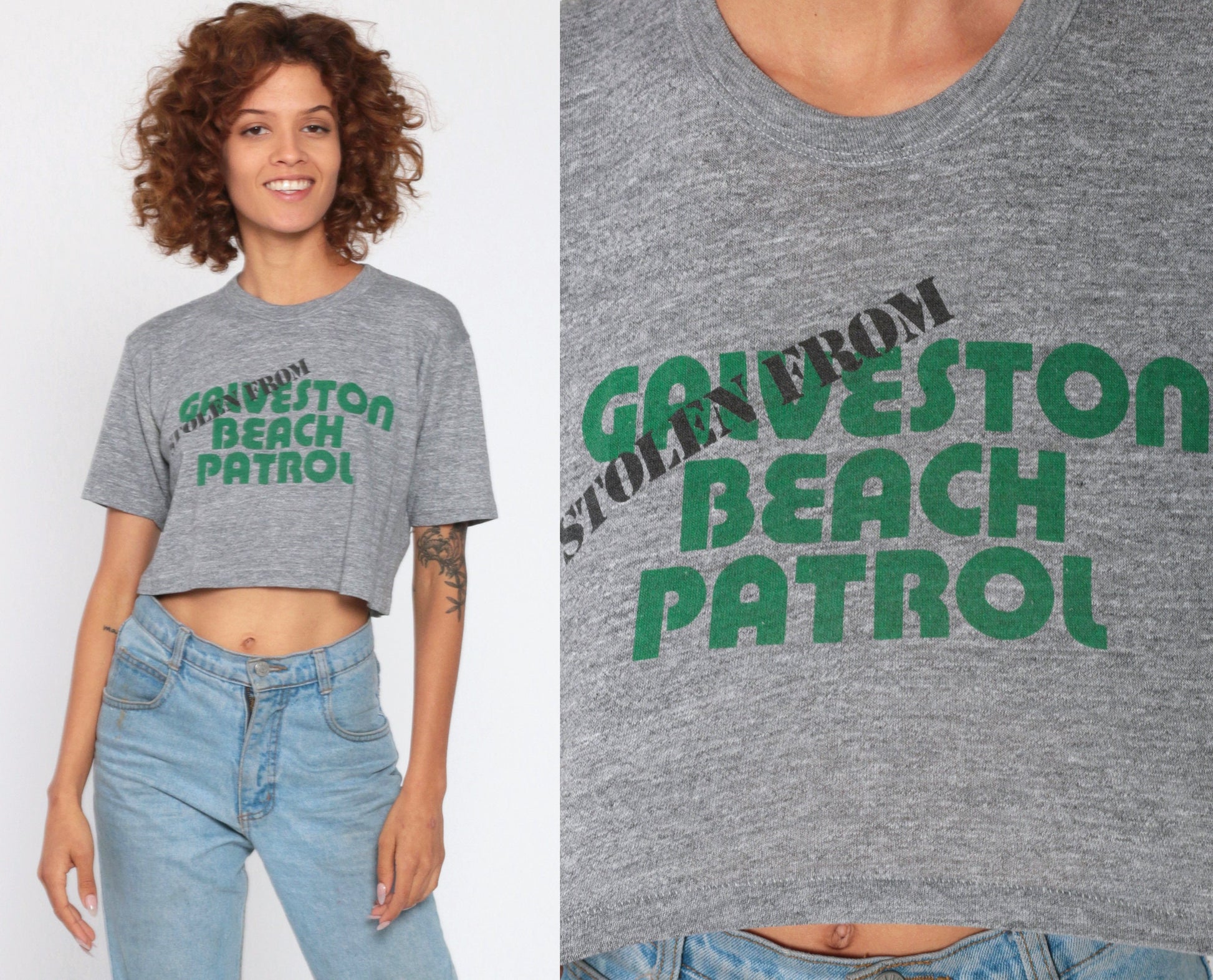 80s Galveston Beach Patrol Graphic Crop Top Grey Cotton Tee Extra Small