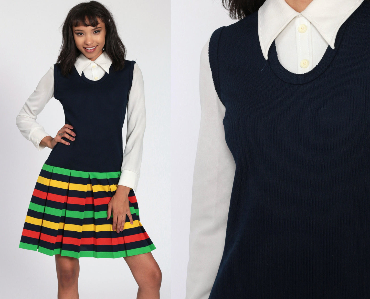 60s Mod Shift Dress Blue Striped Pleated Drop Waist Mini Small