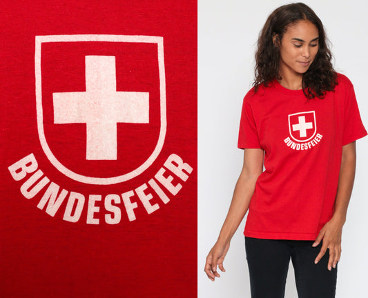 80s Swiss Bundesfeier T-Shirt Red Cotton Graphic Tee Medium