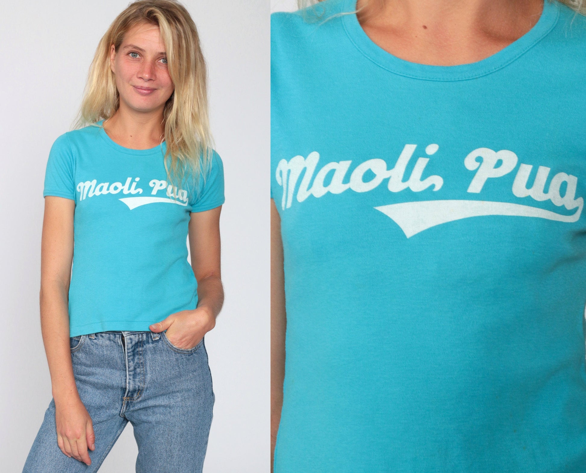 1970s Maoli Pua Hawaiian Graphic Baby Tee Blue Cap Sleeve Small