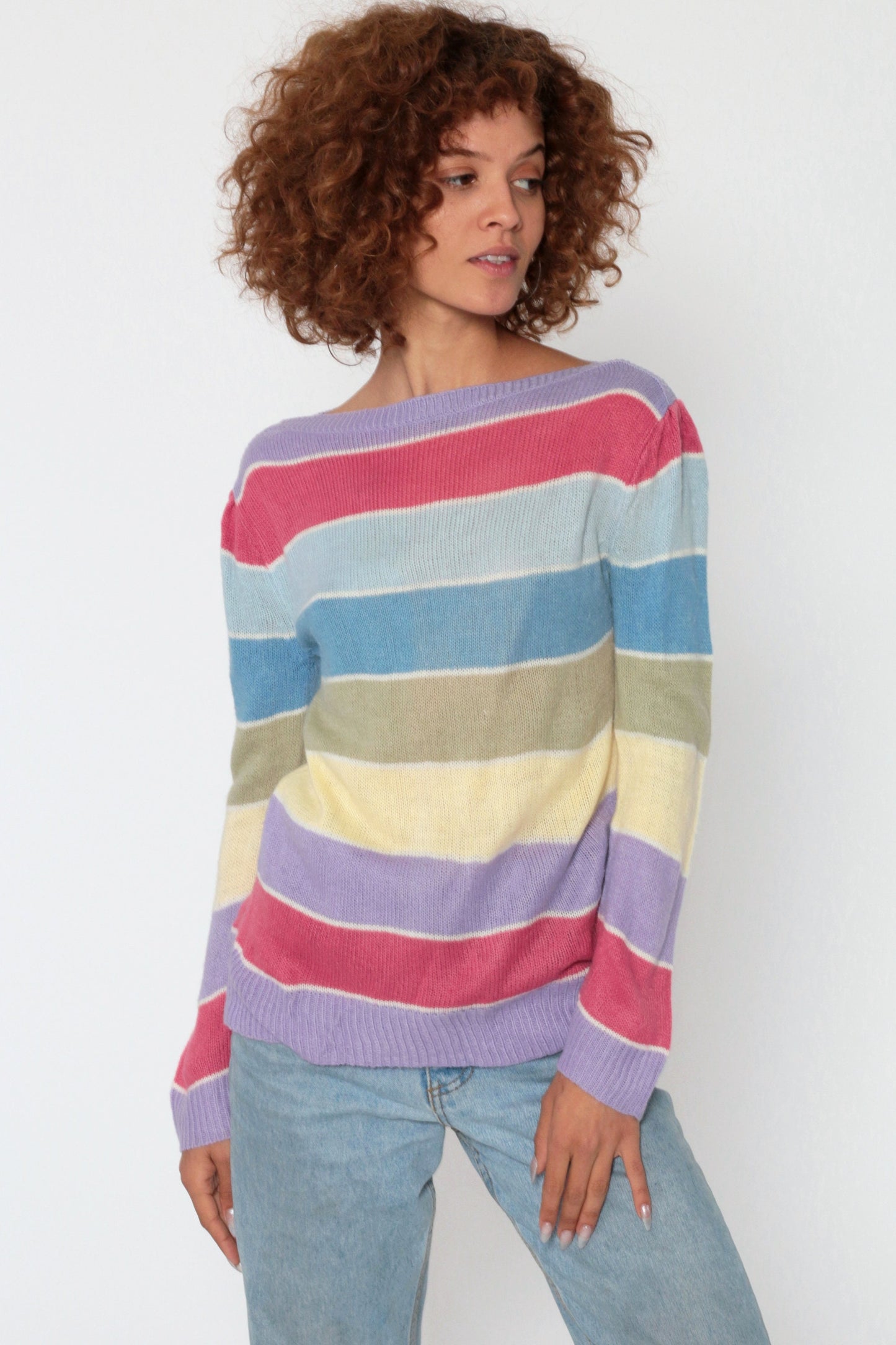 80s Pastel Striped Boatneck Sweater Puff Sleeve Knit Pullover Small