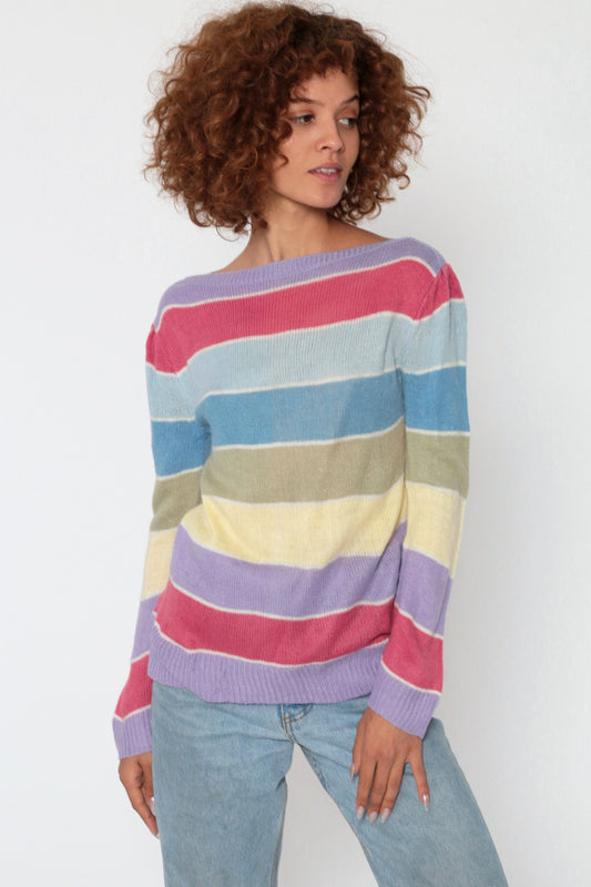 80s Pastel Striped Boatneck Sweater Puff Sleeve Knit Pullover Small