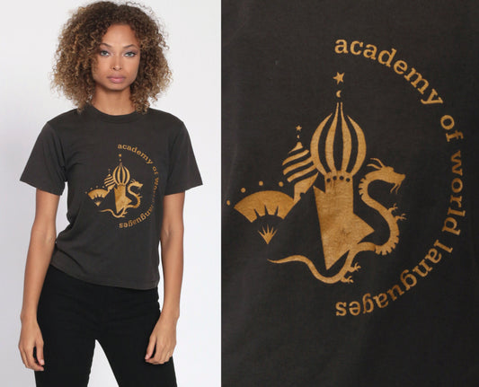 Academy of World Languages Graphic T-Shirt Black Single Stitch 90s Extra Small XS