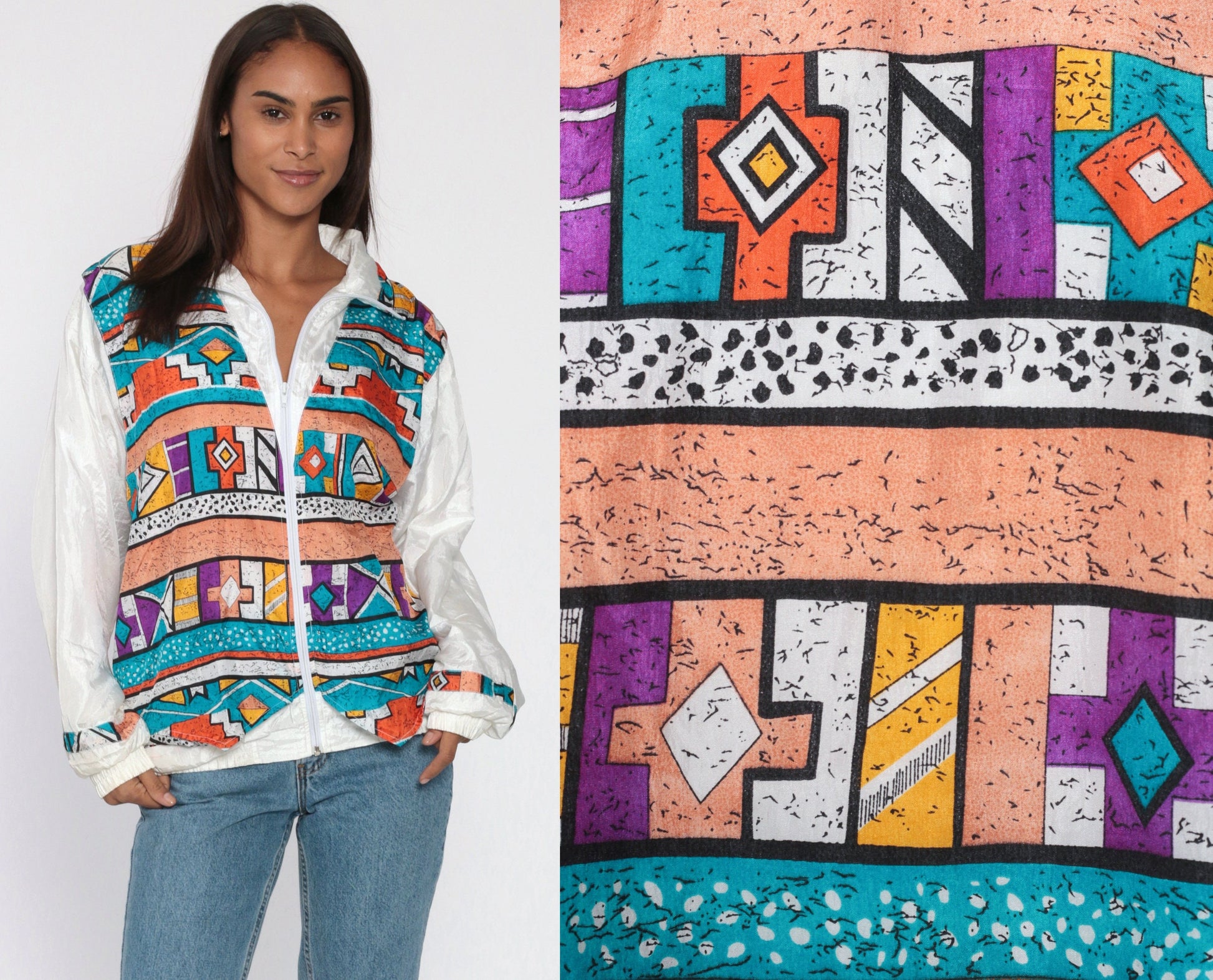 90s Tribal Geometric Windbreaker Jacket White Southwestern Nylon Medium Large