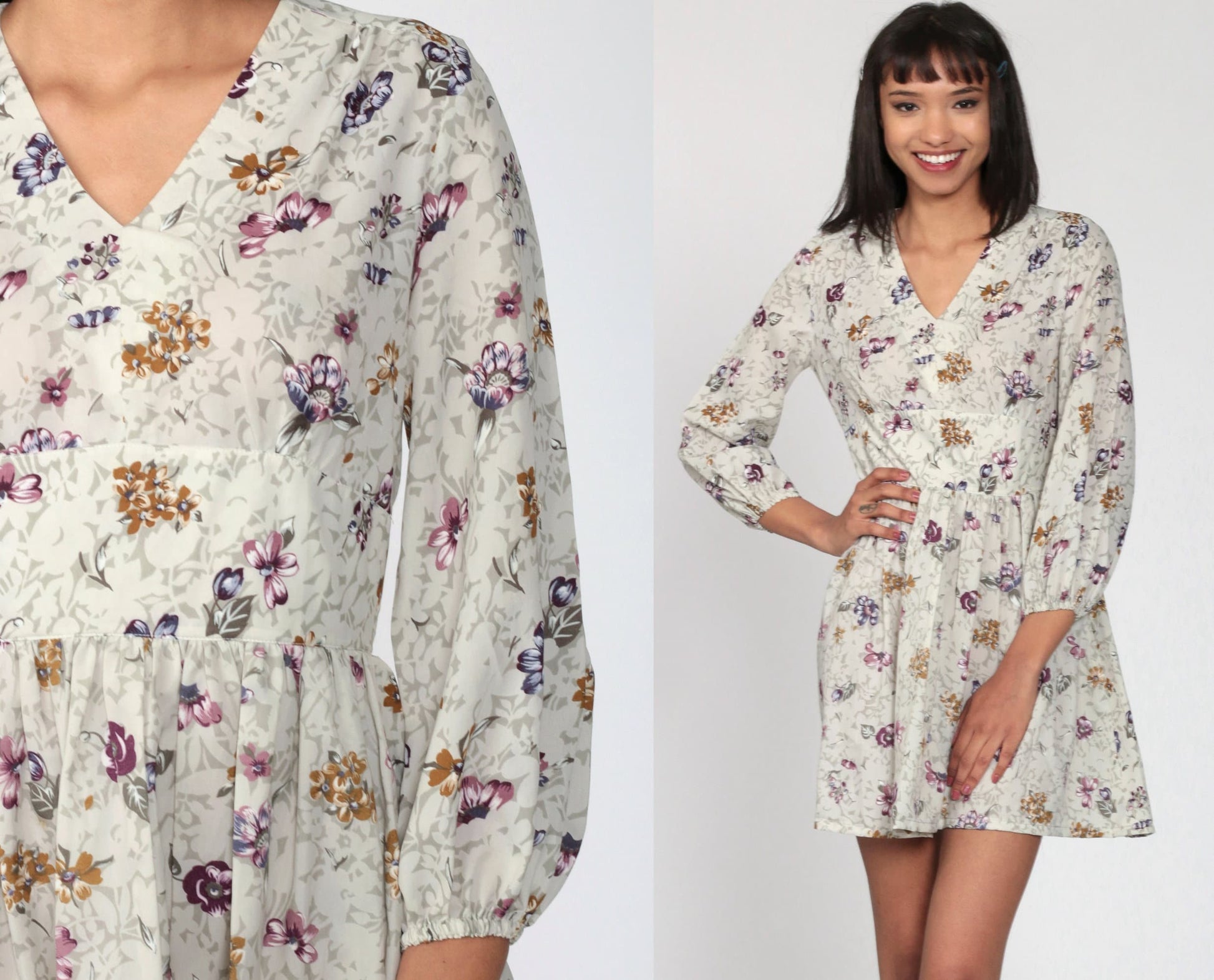 70s Floral Empire Waist Mini Dress Grey V-Neck Long Sleeve Small