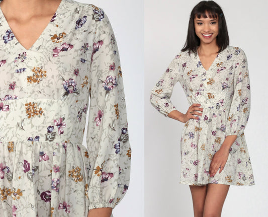70s Floral Empire Waist Mini Dress Grey V-Neck Long Sleeve Small
