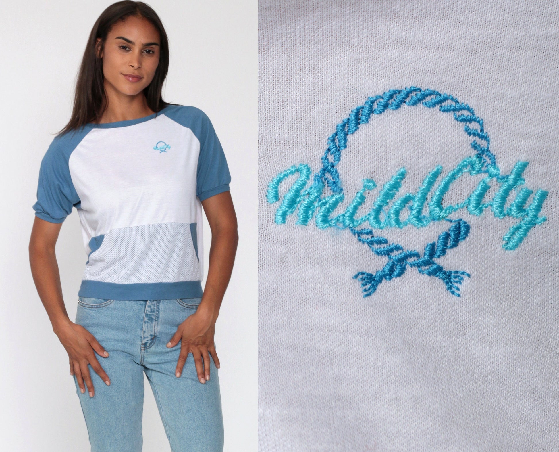 80s Mild City Raglan T-Shirt Mesh Pocket Blue White Small