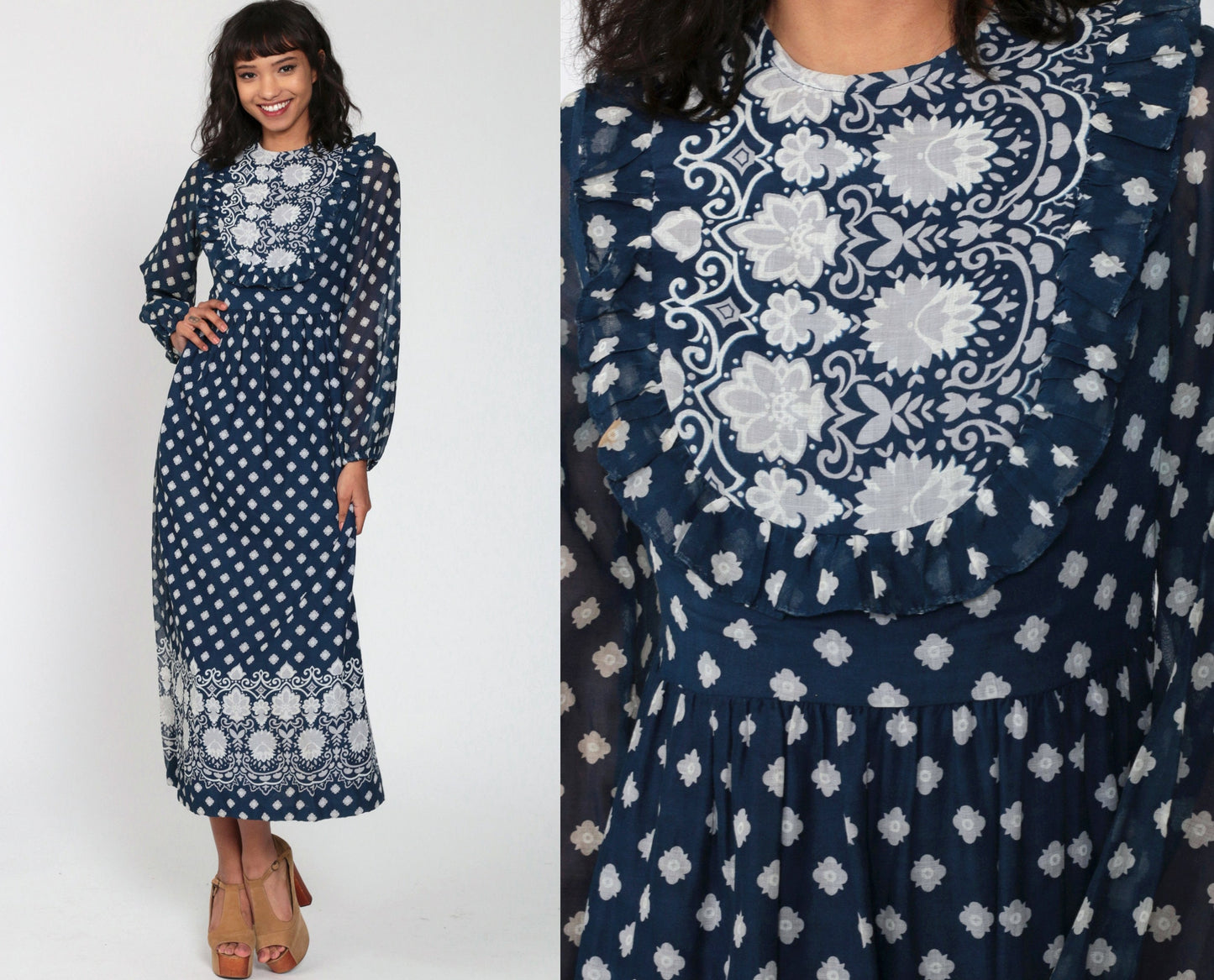70s Navy Floral Maxi Dress Ruffled Bib High Waist Sheer Sleeves Small