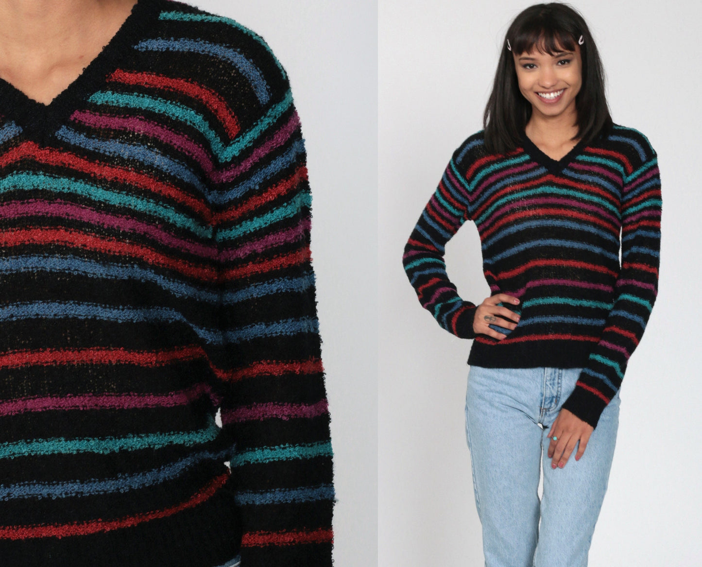 80s Black Striped V-Neck Sweater Pullover Knit Small
