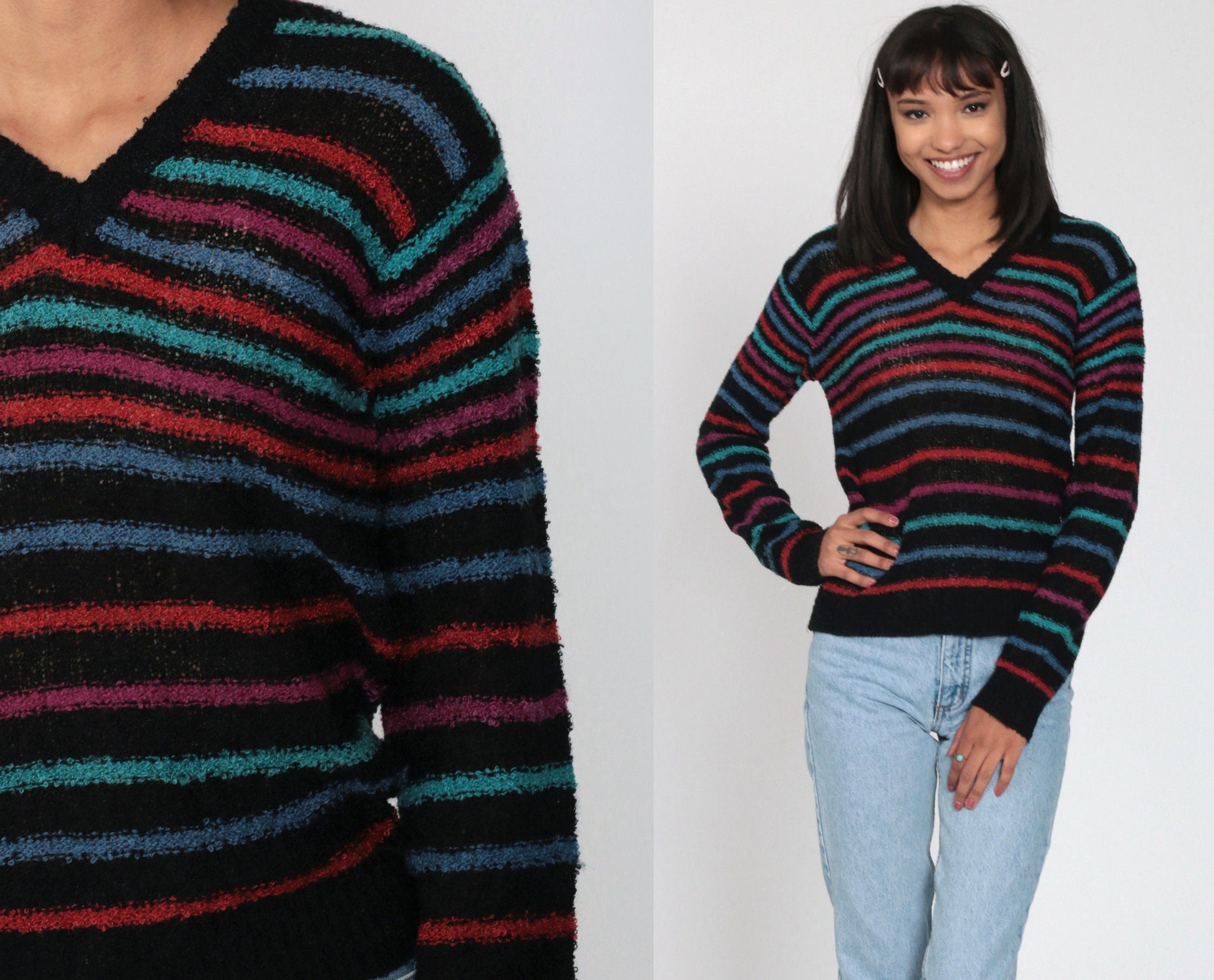 80s Black Striped V-Neck Sweater Pullover Knit Small