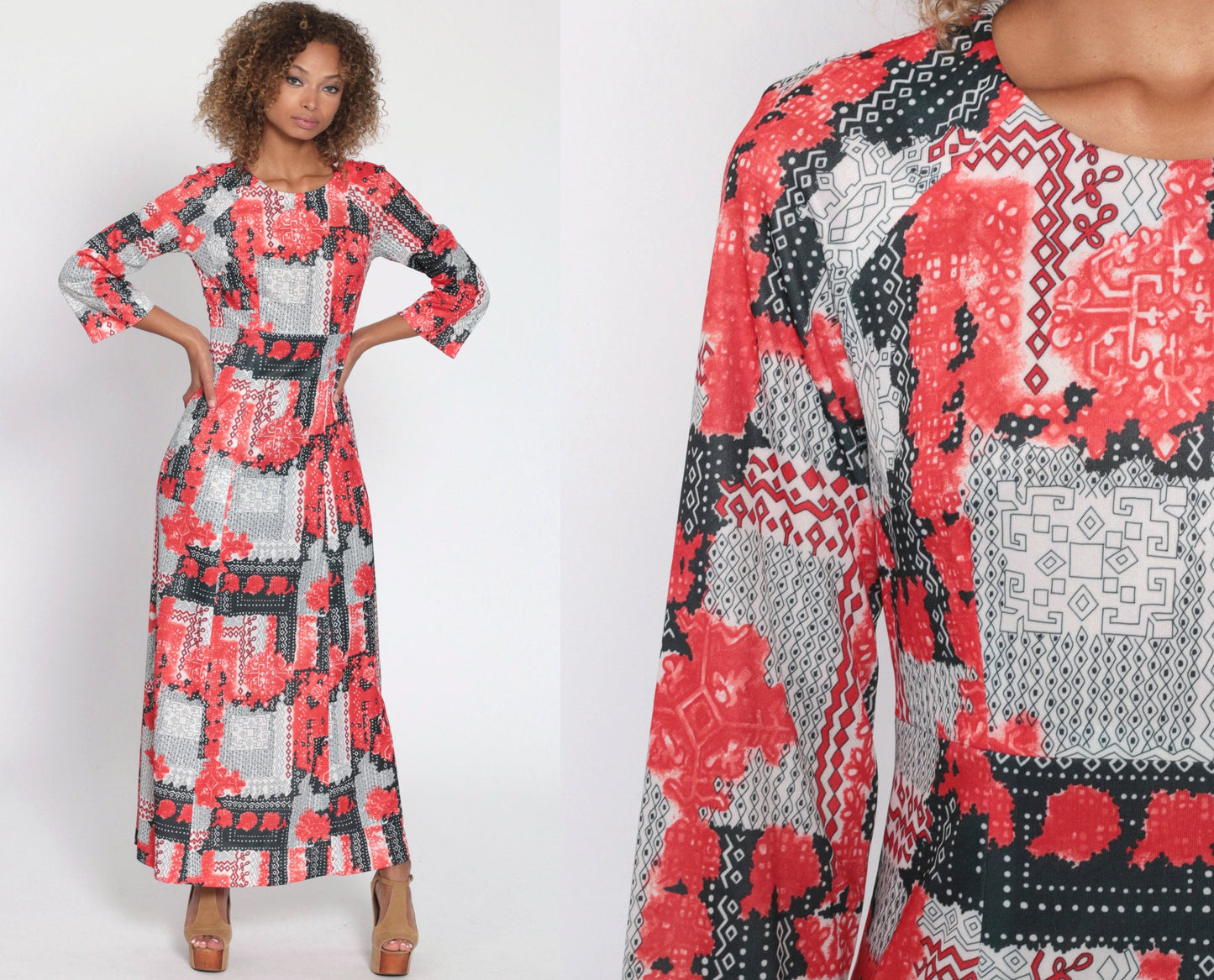 70s Abstract Geometric Maxi Dress High Waist Long Sleeve Red White Black Small