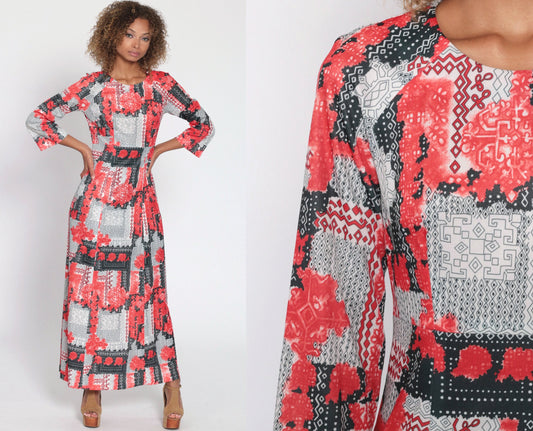 70s Abstract Geometric Maxi Dress High Waist Long Sleeve Red White Black Small