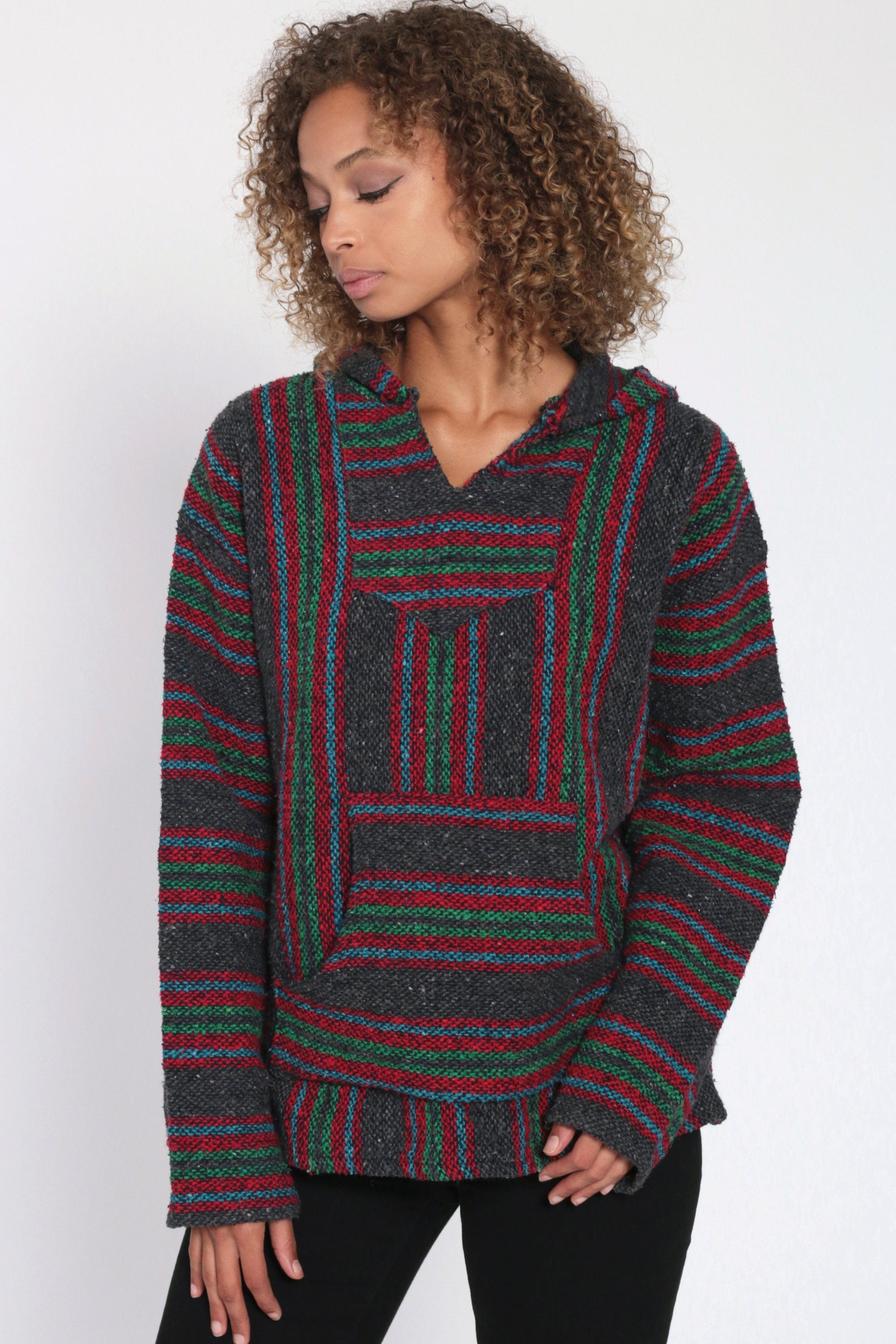 90s Mexican Drug Rug Baja Hoodie Grey Red Stripe Kangaroo Pocket Large