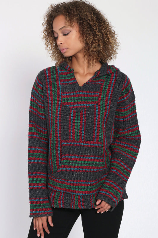 90s Mexican Drug Rug Baja Hoodie Grey Red Stripe Kangaroo Pocket Large