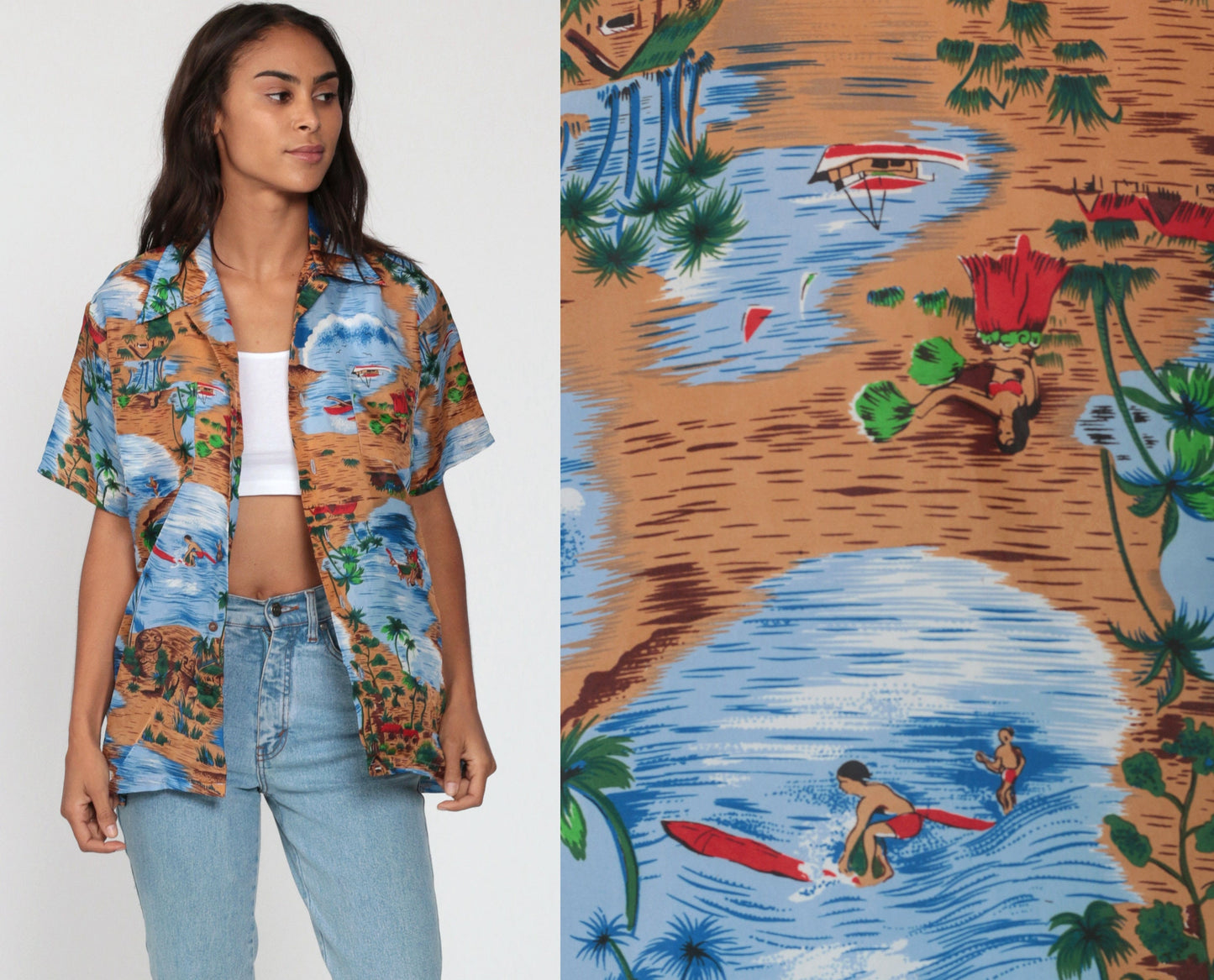 90s Hawaiian Shirt Surfer Ocean Print Button Up Sea Blue Medium