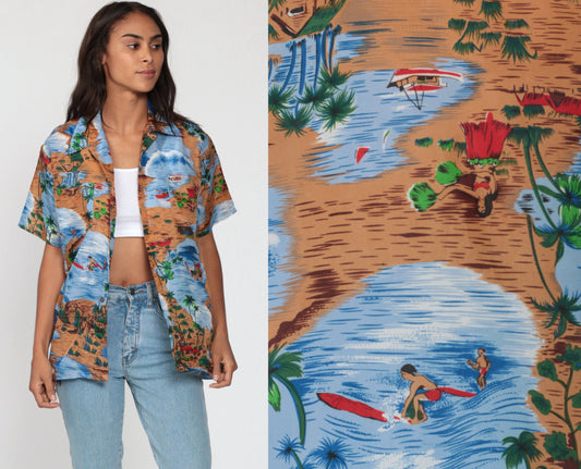 90s Hawaiian Shirt Surfer Ocean Print Button Up Sea Blue Medium