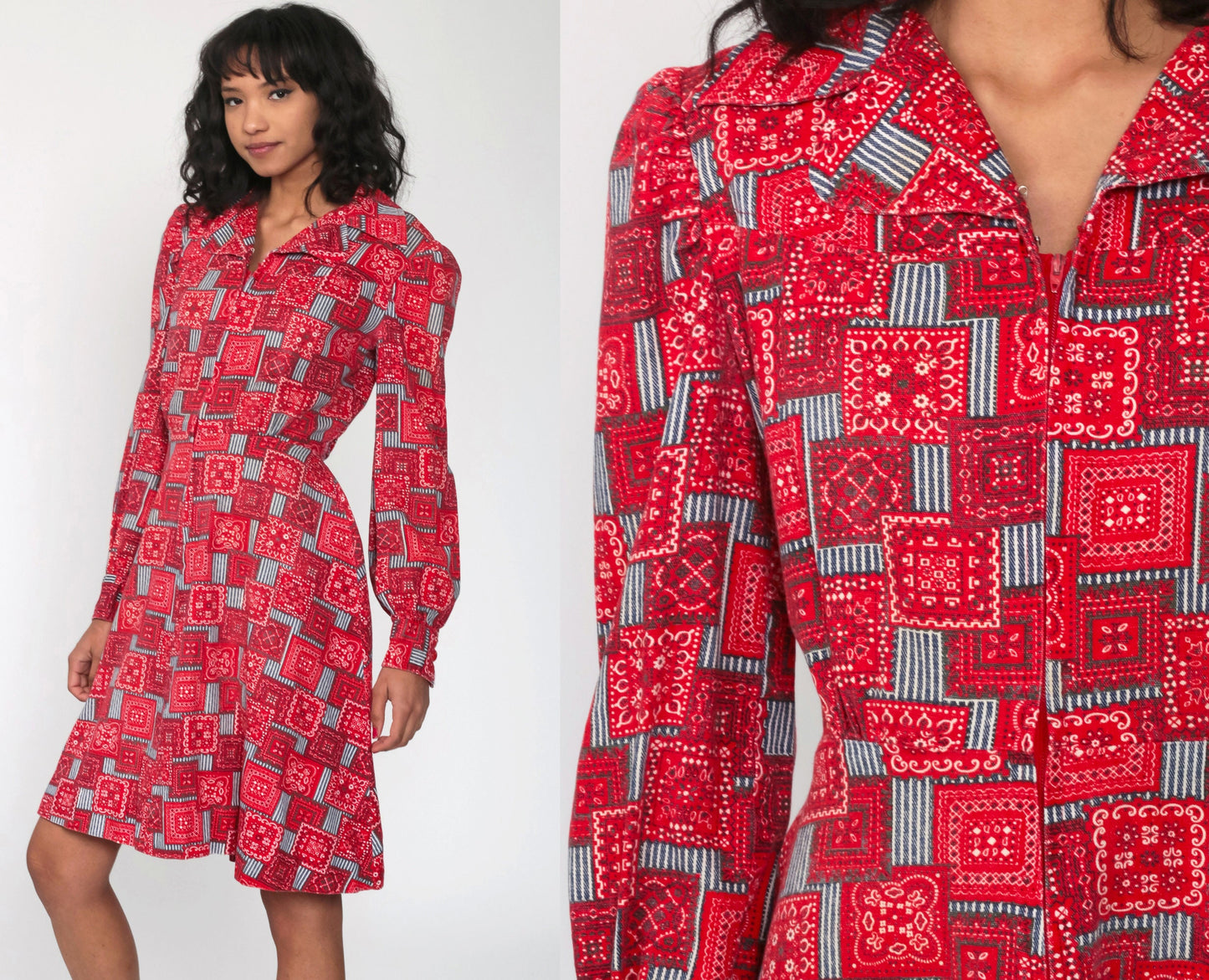 70s Bandana Print Mini Dress Cherry Buttons Puff Sleeves High Waist Red Medium