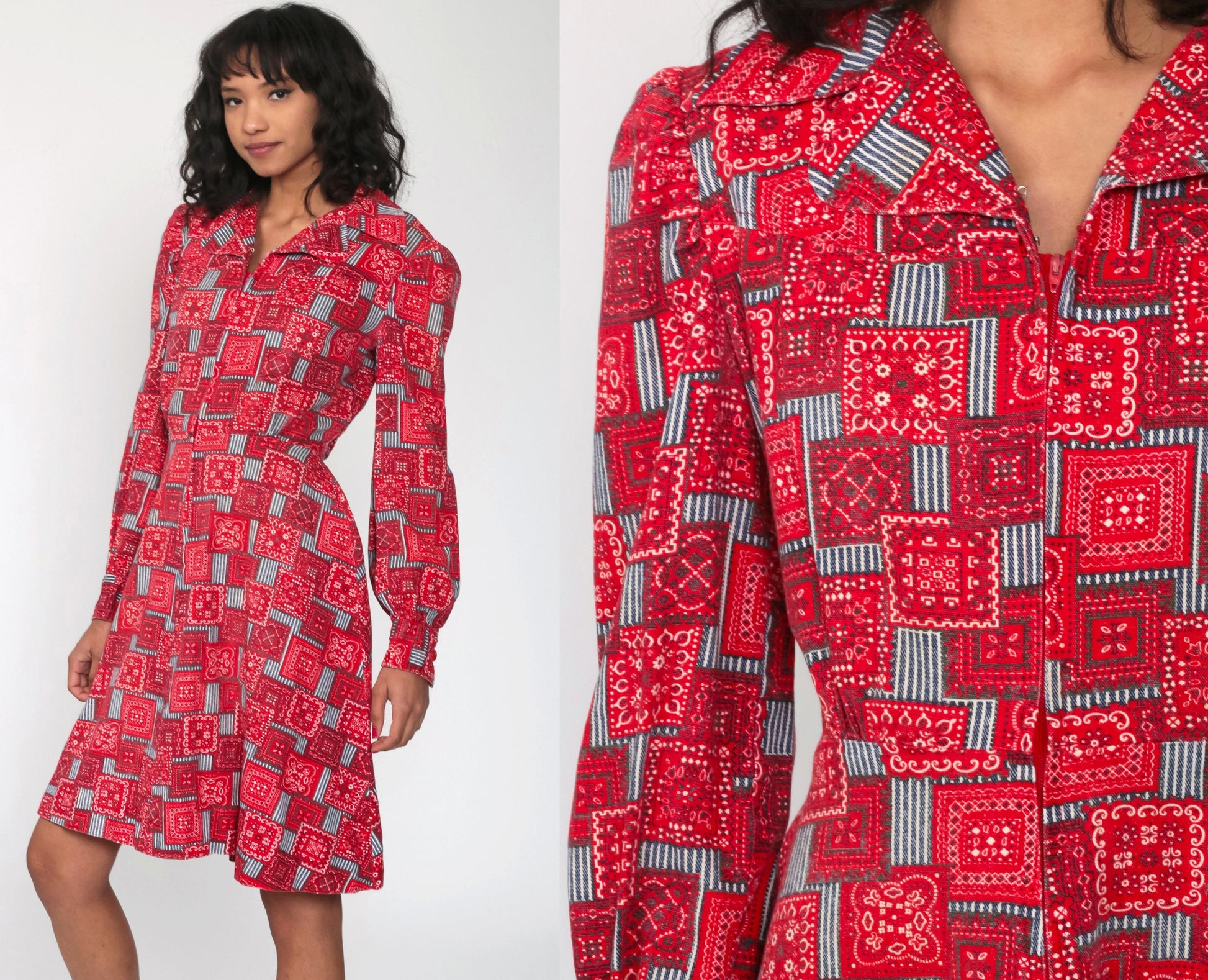 70s Bandana Print Mini Dress Cherry Buttons Puff Sleeves High Waist Red Medium