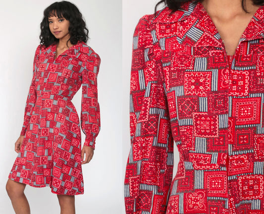 70s Bandana Print Mini Dress Cherry Buttons Puff Sleeves High Waist Red Medium