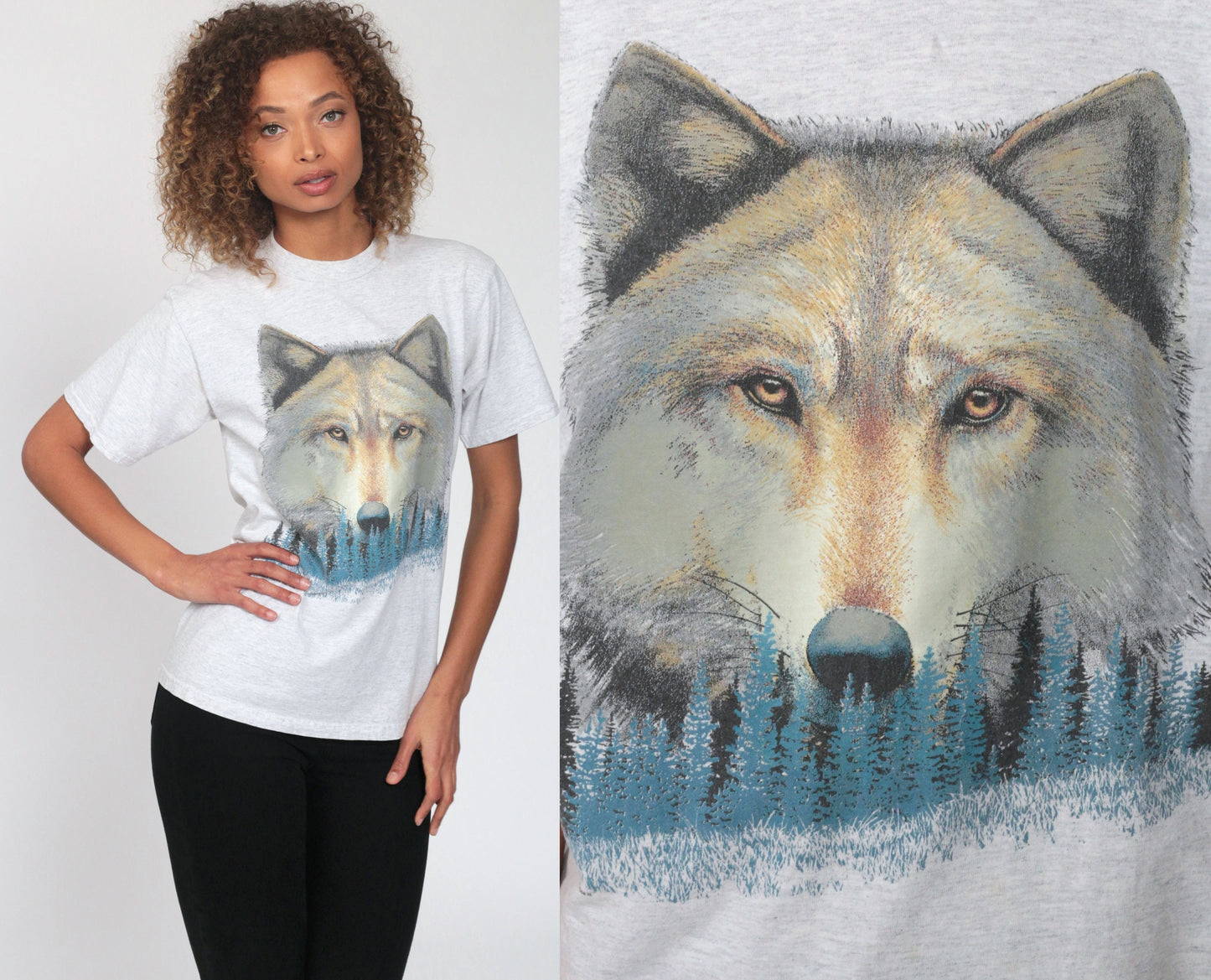 90s Wolf Print T-Shirt Distressed Graphic Tee Cotton Single Stitch Extra Small