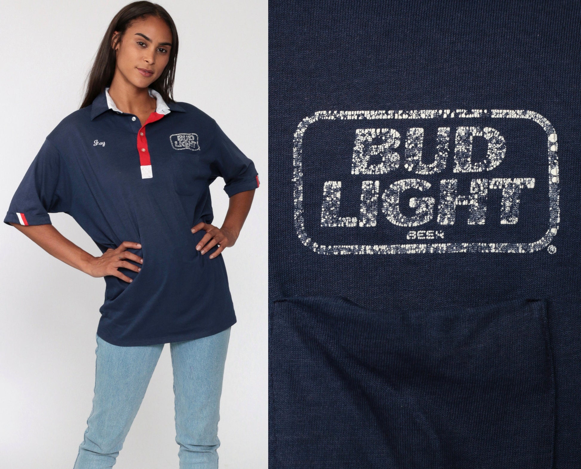 80s Bud Light Hebenstreit Distribution Polo Shirt Navy Blue Extra Large