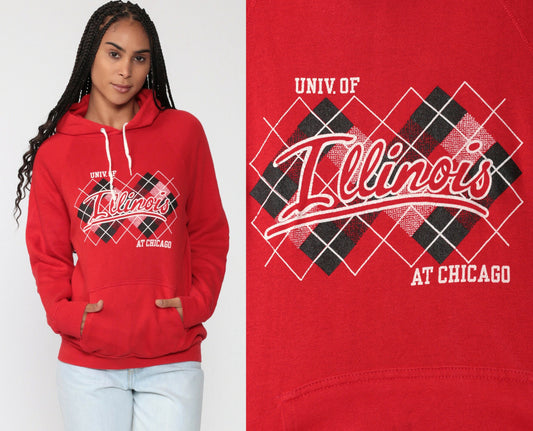 90s University of Chicago Hooded Sweatshirt Red Kangaroo Pocket Small