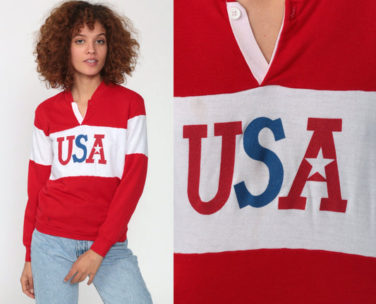 80s USA Patriotic Graphic Sweatshirt Red Polo Buttons Extra Small