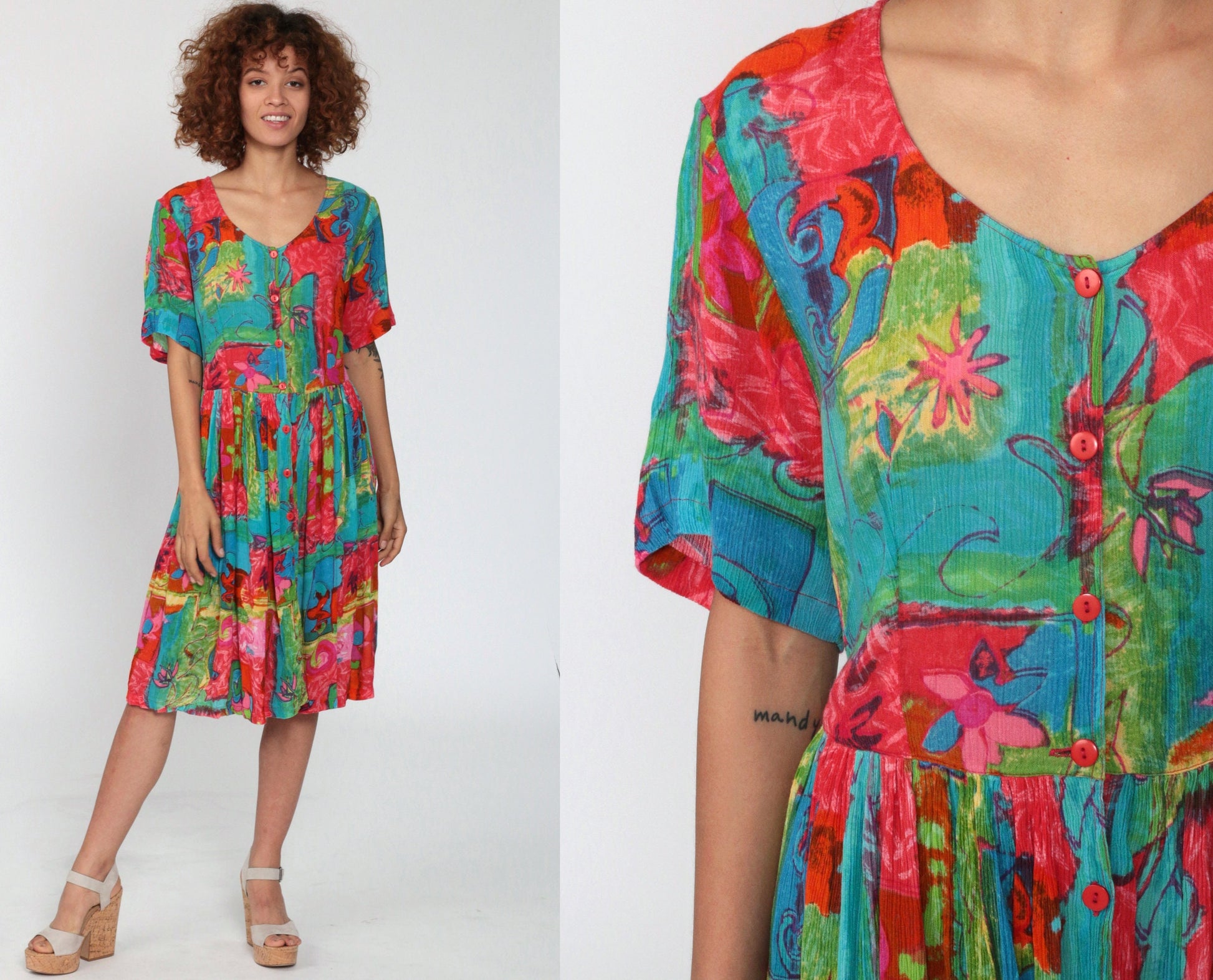 90s Phool Floral Button-Up Dress Multicolour High-Waisted Knee-Length Small