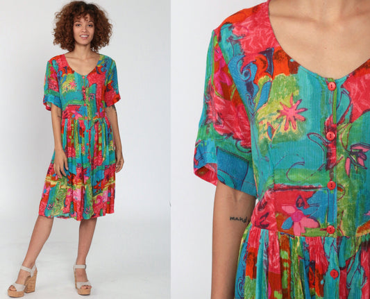 90s Phool Floral Button-Up Dress Multicolour High-Waisted Knee-Length Small