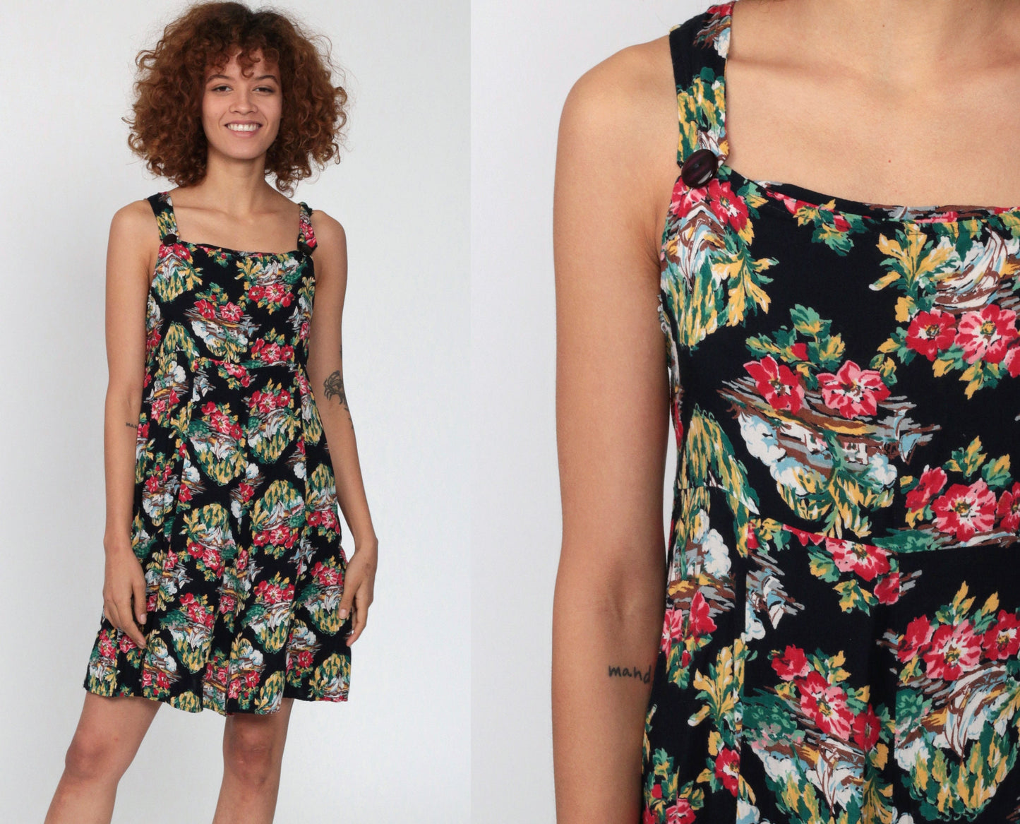 90s Tropical Floral Black Romper Sleeveless Wide Leg Playsuit Extra Small