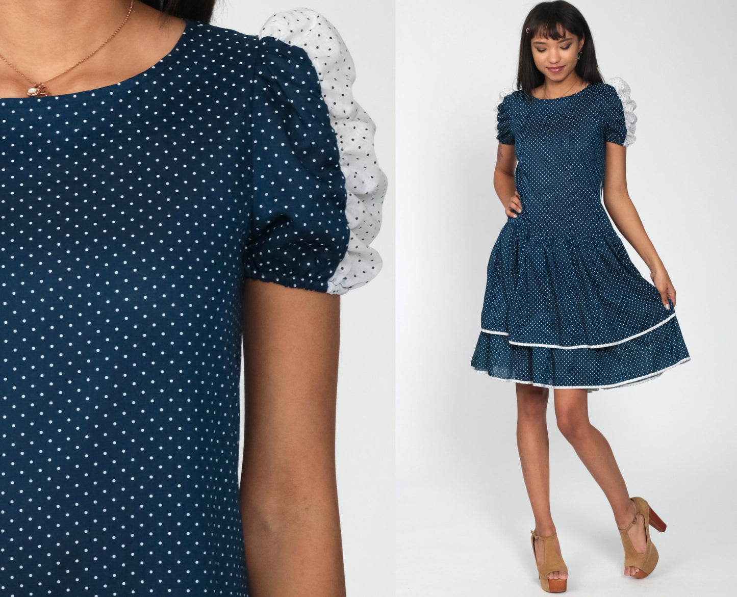 80s Blue Polka Dot Puff Sleeve Minidress Drop Waist Ruffled Small