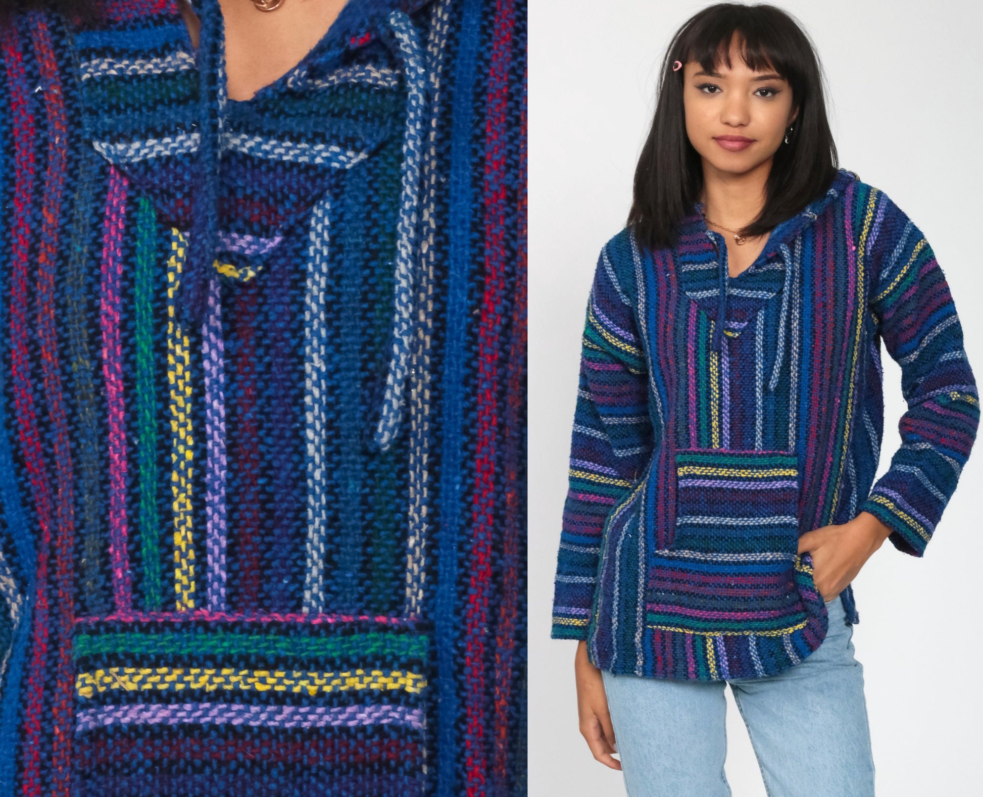 90s Neon Rainbow Mexican Drug Rug Baja Hoodie Blue Kangaroo Pocket Medium