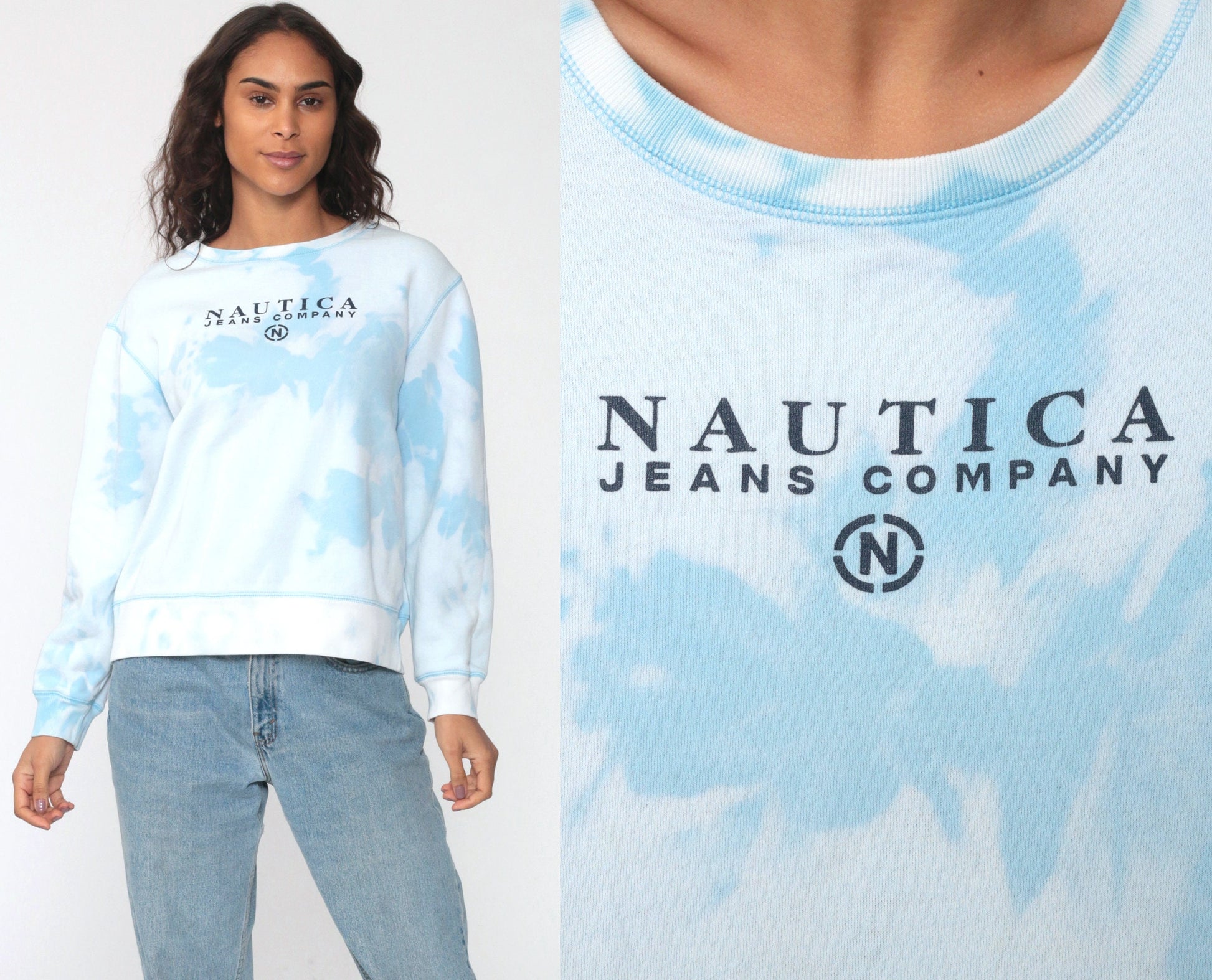 90s Nautica Tie Dye Crewneck Sweatshirt Blue White Extra Large XL