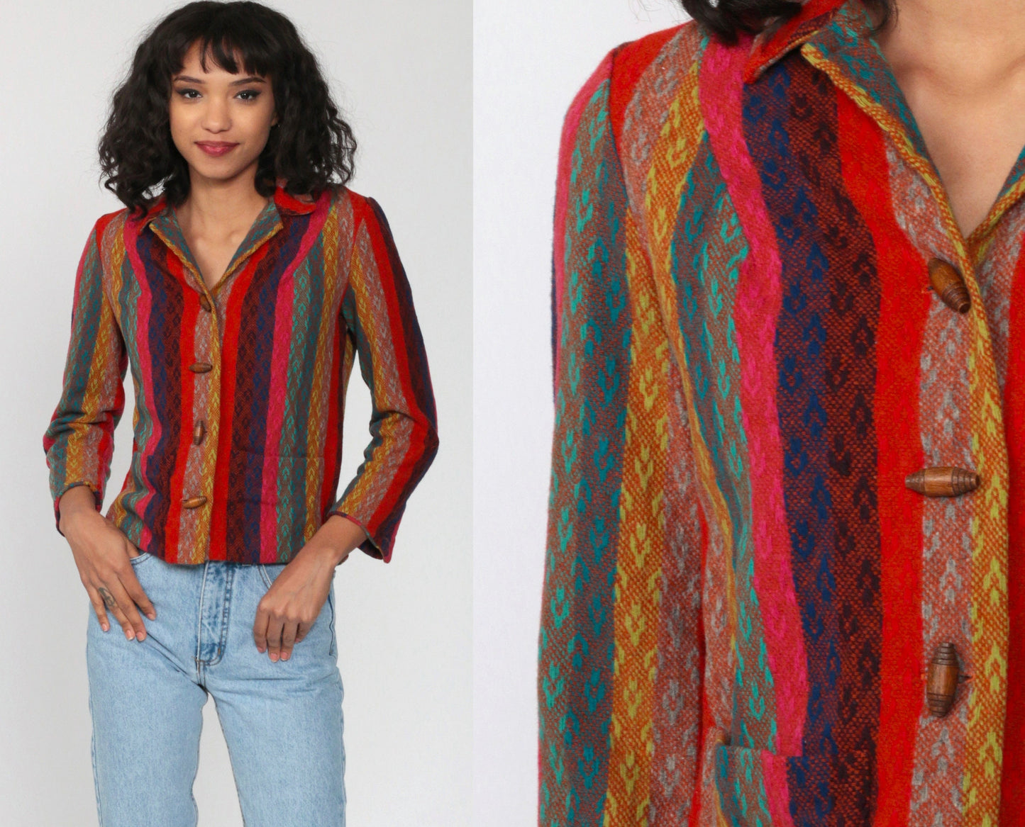90s Striped Wool Blend Toggle Jacket Red Pink Blue Small