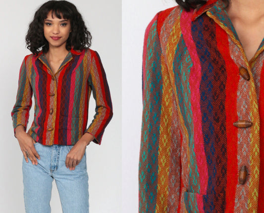 90s Striped Wool Blend Toggle Jacket Red Pink Blue Small
