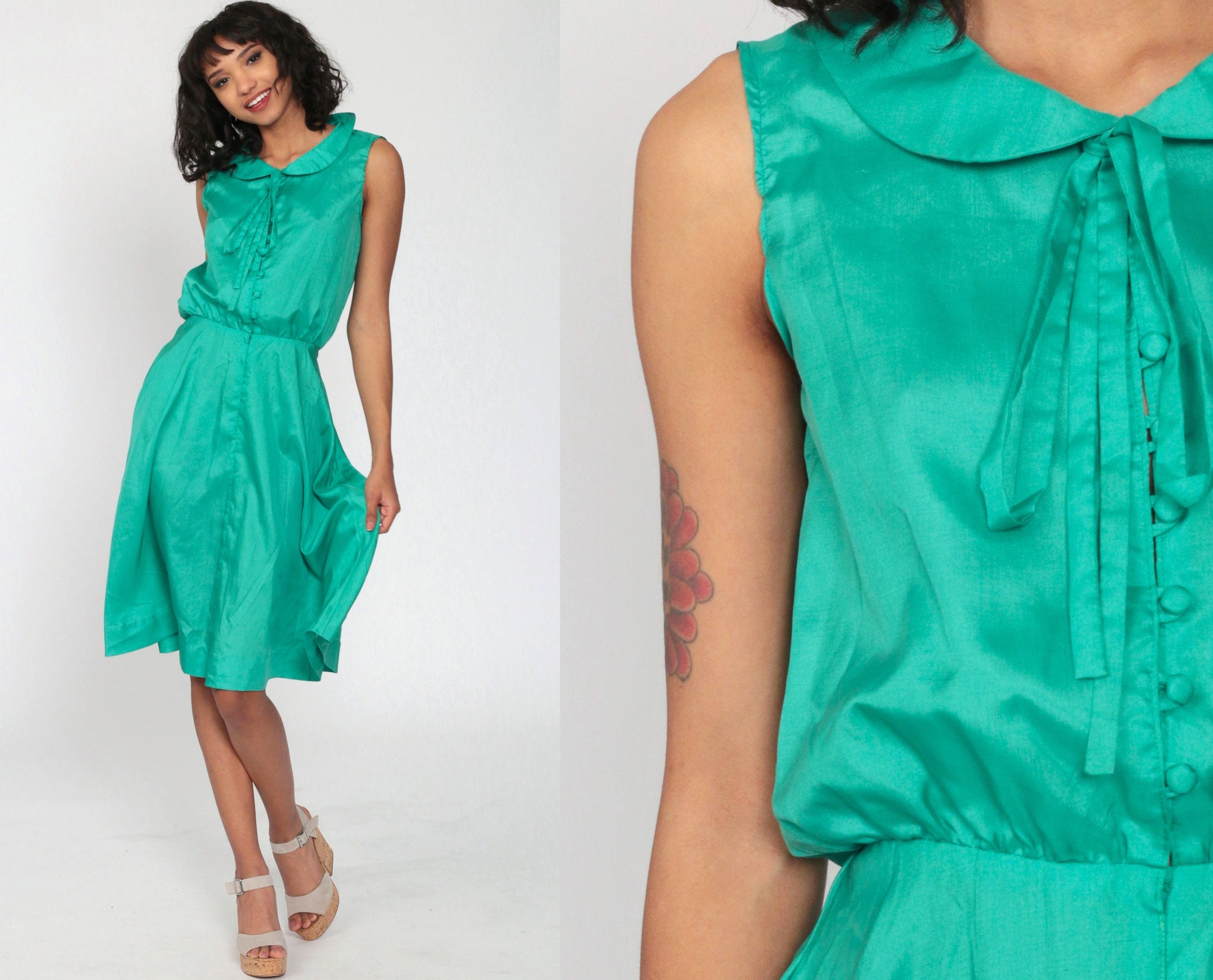 70s Green Midi Dress Peter Pan Collar High Waist Button Front Extra Small
